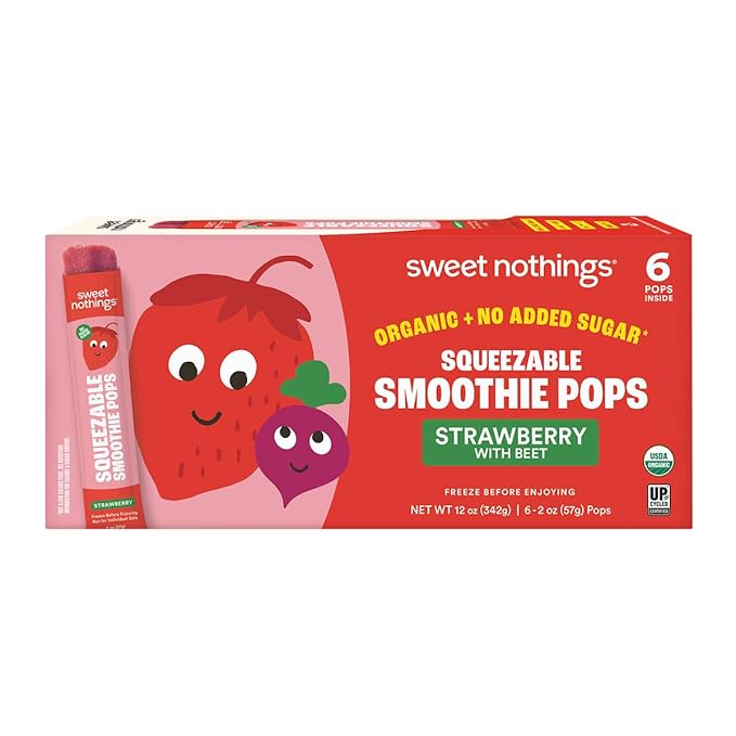 Sweet Nothings, Strawberry, USDA Organic Kids' Squeezable Fruit Smoothie Popsicle Pops, Value Pack of 24 - Dye-Free, No Added Sugar, Dairy-Free, Vegan, Organic Fruit and Veggie Pops, Freeze & Enjoy