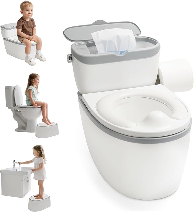 3-in-1 Toddler Potty Training Toilet, for Ages 6 Months+, Realistic Potty Training Seat with Flushing Sound, Wipes Storage, Toilet Paper Holder
