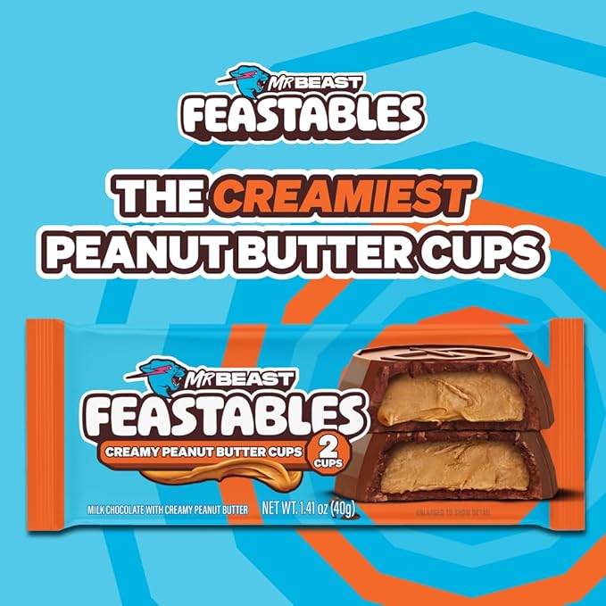 Feastables Mrbeast Peanut Butter Cups, Milk Chocolate & Creamy Peanut Butter Filling, Cups for Adults & Kids, Chocolate Candy for Snacks, Gifts, or Dessert, Made With Fairtrade Cocoa, 2 Pack, 24 Count