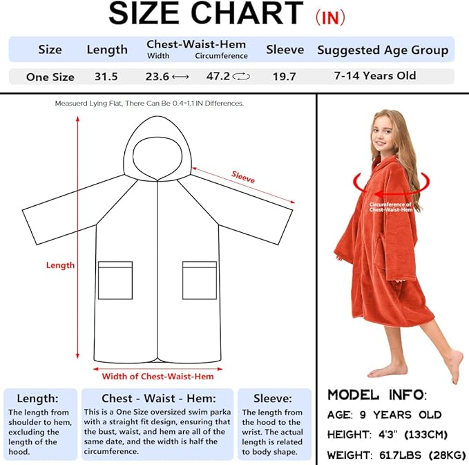 Hiturbo Kids Bath Towel Hoodie: Soft Plush Zipper Surf Poncho - Warm Fleece Changing Towels Swimming Outerwear (Orange)