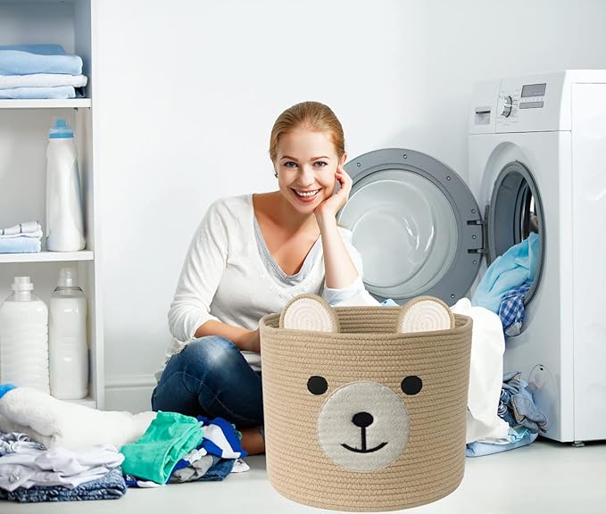 Bear Laundry Baskets Laundry Hamper Storage Baskets with Handles,Decorative Basket for Living room,Woven Storage Basket for Toys Bin Pillows Blankets Clothes (Khaki - Version 2)