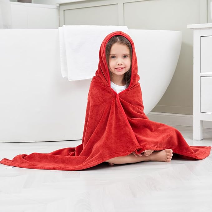 Hiturbo Kids Fleece Hooded Bath Towel: Soft Plush Pool Beach Towel Blanket - 50"x30" Toddler Towels Wrap for Boys Girls 3-12 Years (Red)