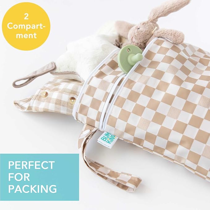 Bumkins Waterproof Wet Dry Bag for Baby, Travel, Swim Suit, Cloth Diapers, Pump Parts, Pool, Beach, Gym Clothes, Toiletry, Hook to Stroller, Daycare, Zipper Reusable Wetdry Packing Pouch, Beige Check
