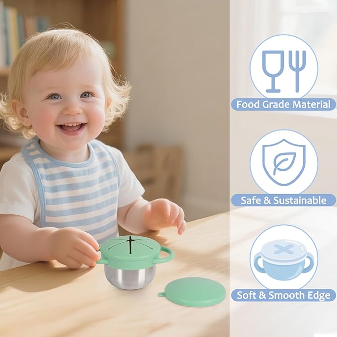 2 Pack 304 Stainless Steel Snack Cups for Toddlers, Toddler Snack Containers with Spill-Proof Silicone Travel Lid & Handle, Dishwasher Safe, Removable Snack Cup for Baby, Toddler, Kids
