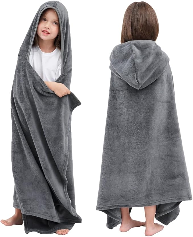 Hiturbo Kids Fleece Hooded Bath Towel: Soft Plush Pool Beach Towel Blanket - 50"x30" Toddler Towels Wrap for Boys Girls 3-12 Years (Gray)