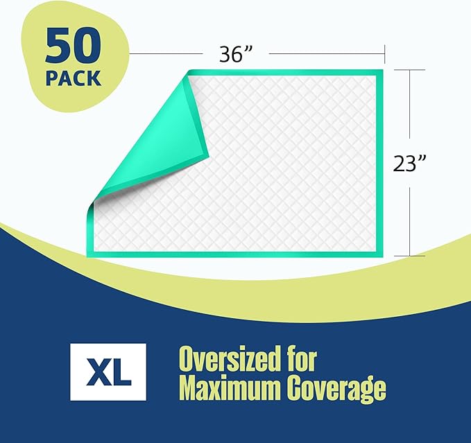 Disposable Underpads 23"x36" XXL (50-Count) Green – Leakproof, Ultra Absorbent Incontinence Bed Pads for Adults, Kids, Pets & Seniors – Disposable Chux Pee Pads