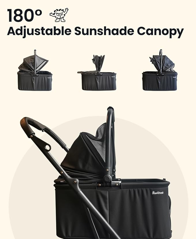 4 Wheels Pet Stroller, Dog Stroller for Small/Medium Dogs and Cats up to 33 lbs, One-Click Fold & Draggable, Removable Carrier, Zipperless Entry, Mesh Windows, Black