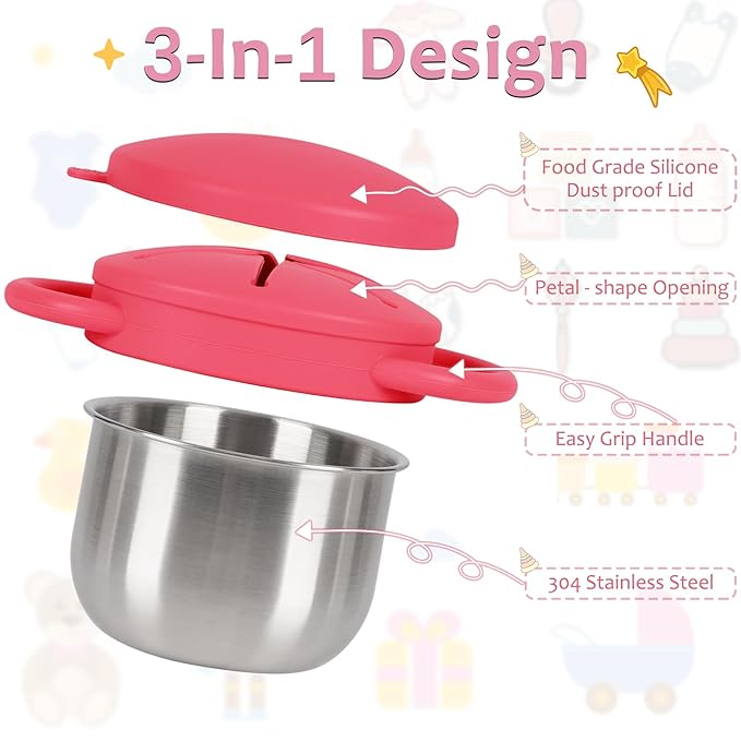 2 Pack 304 Stainless Steel Snack Cups for Toddlers, Snack Containers with Spill-Proof Silicone Travel Lid & Handle, Dishwasher Safe, Removable Snack Catcher for Baby, Toddler