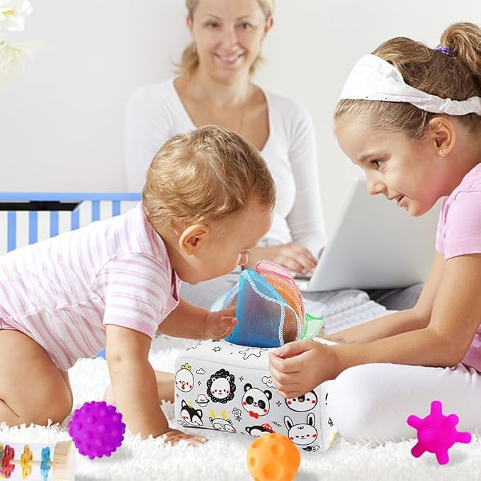 Montessori Toys for Babies 0-6 Months,7 in 1 Newborn Toys Baby Gifts Set Early Learning Toys with Black & White Baby Flashcards,Tummy Time Mirror,Baby Rattle,Sensory Balls,Tissue Box,Rain Stick