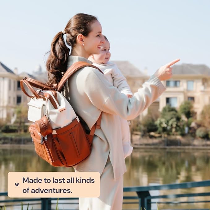 BabbleRoo Leather Diaper Bag Backpack, Multifunction Large Bags with Changing Pad & Stroller Straps & Pacifier Case, Unisex Stylish Travel Back Pack Nappy Changing Bag for Moms Dads (Coffee Cream)