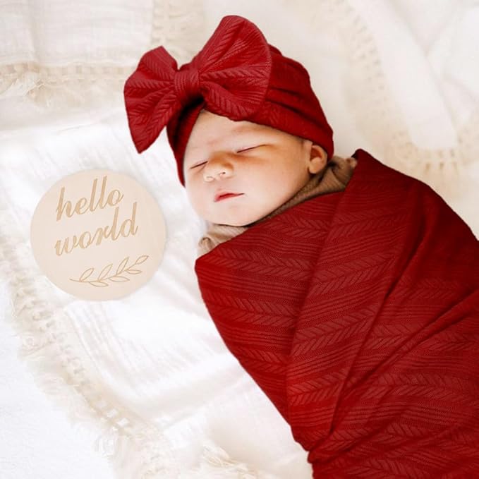 Newborn Receiving Blanket with Bow Hat Mittens Wooden Card Set Wheat-Pattern Newborns Toddler Baby Boy Girl Nursery Swaddle Wrap