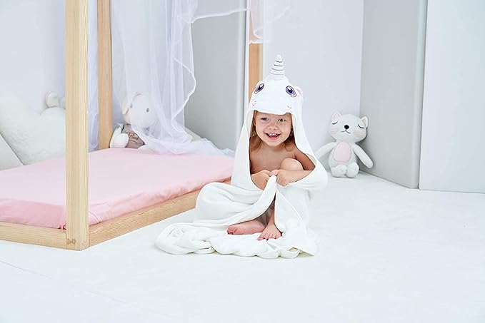 HIPHOP PANDA Hooded Towel - Rayon Made from Bamboo, Bath Towel with Bear Ears for Newborn, Babie, Toddler, Infant - Absorbent Large Baby Towel - Unicorn, 37.5 x 37.5 Inch