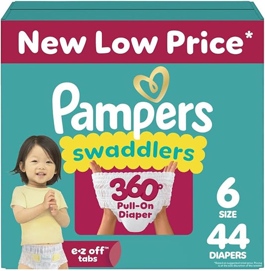 Pampers Diapers - Swaddlers 360° - Size 6, 44 Count, up to 100% Leakproof Comfy Dry Fit, Designed for Easy Changes, Pull On Baby Diaper (Packaging May Vary)