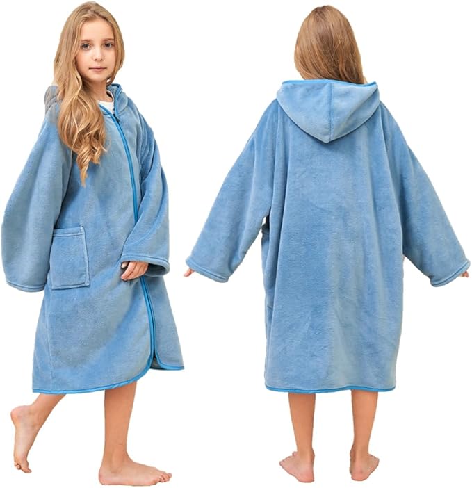 Hiturbo Kids Bath Towel Hoodie: Soft Plush Zipper Surf Poncho - Warm Fleece Changing Towels Swimming Outerwear (Blue)