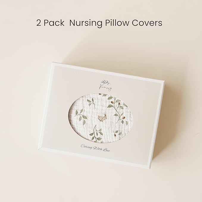Konssy 2-Pack Muslin Nursing Pillow Covers, Soft & Adorable Nursing Covers for Breastfeeding Pillows, Slipcovers for Newborn Boys & Girls(Chestnut, Rabbit)