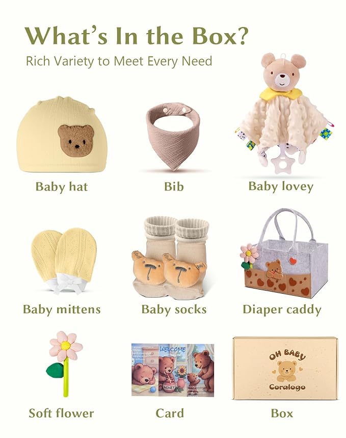 Coralogo Baby Shower Gift Basket - Baby Gift Set with Practical Diaper Caddy, Gifts for New Mom, Gender Reveal Gifts, New Born Essential Include Security Blanket Hat Bib Socks Mittens, Boy & Girl
