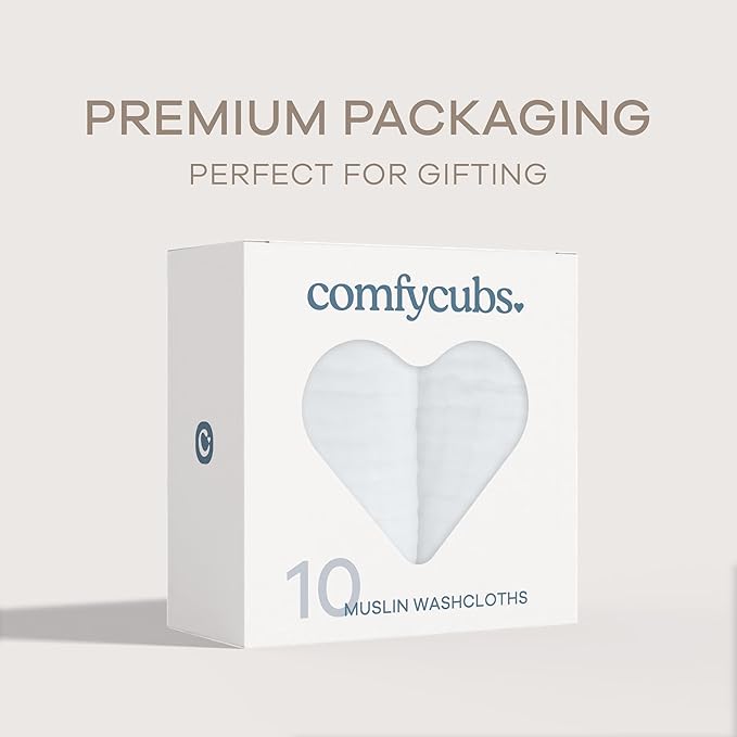 Comfy Cubs Muslin Baby Washcloths 10 Pack - Soft 6-Layer Cotton Wash Cloths for Sensitive Skin - 10"x10" Large, Gentle, Absorbent Infant Essentials for Newborn and Toddlers - White