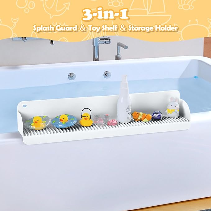 24 Inch Bathtub Splash Guard with 10 Suction Cups, Silicone Tub Water Splash Guard for Bathtub, Bath Toy Tray Holder Play Shelf for Kids, Universal for Bathroom, Kitchen Sink (White)