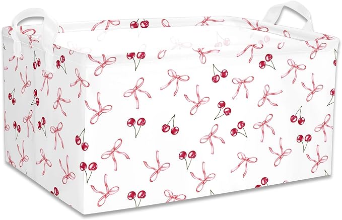 3 Pcs Pink Bow Storage Basket, Coquette Girls Rectangle Storage Bins Box with Handles, Bows and Chery Shelf Basket Ideal for Room Nursery Decor, Books, Organizing Clothes, Toys