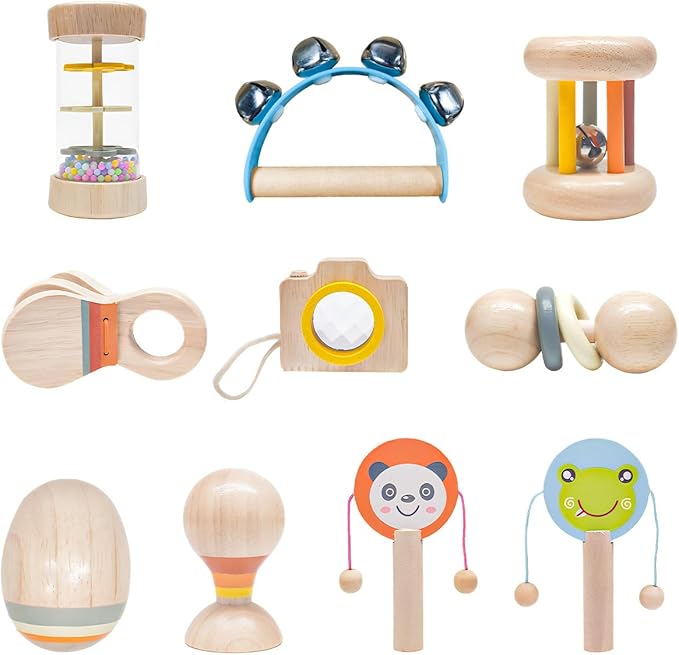 10 PCS Wooden Baby Toys Set-Organic Infant Rattles Newborns 0-6 Month & Montessori-Inspired Musical Instruments for 0-12 Month - Natural Toddler Developmental Toys