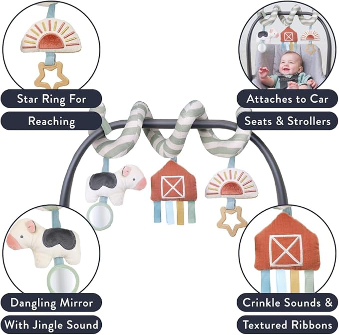 Itzy Ritzy Spiral Car Seat & Stroller Activity Toy - Stroller & Car Seat Toys for Ages 0 Months and Up - Hanging Toys Include Dangling Ring, Mirror and Textured Ribbons (Farm)