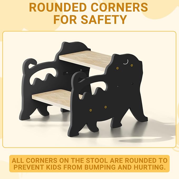 COSYLAND Kids Step Stool for Bathroom Height Adjustable - Lovely Cat Potty Training Stools for Toddlers - Wooden Stepping Stool with Handle for Bathroom Sink (Natural & Grey)