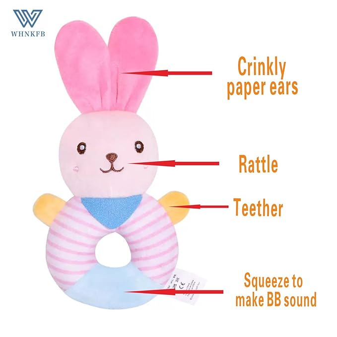 Baby Teether Rattle Toy - Soft Bunny Plush with Crinkle Squeaky Sound, Sensory Shaker for Newborns 0-12 Months, Infant Learning and Travel Stroller Toy