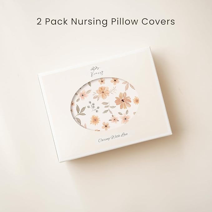 Konssy 2 Pack Nursing Pillow Covers, Soft and Comfortable Nursing Cover for Breastfeeding Pillows, Pillow Slipcover for Baby Girls Boys Newborn(Khaki, Flourish)