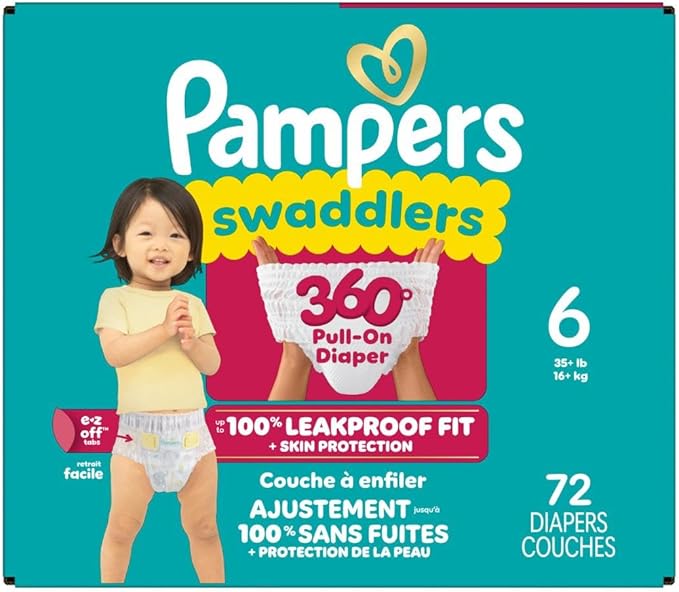 Pampers Diapers - Swaddlers 360° - Size 6, 72 Count, up to 100% Leakproof Comfy Dry Fit, Designed for Easy Changes, Pull On Baby Diaper (Packaging May Vary)
