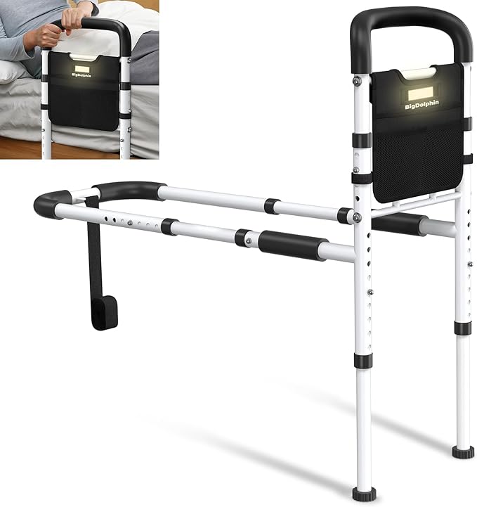 Bed Rails - ASTM Certified, 350 LBS Adjustable Bed Cane with Motion Sensor Light, Tool-Free, Non-Slip Ergonomic Handle & Storage Pocket, 2026 Upgrade Stable Bed Assist Rails for Seniors