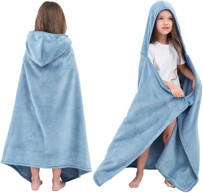 Hiturbo Kids Fleece Hooded Bath Towel: Soft Plush Pool Beach Towel Blanket - 50"x30" Toddler Towels Wrap for Boys Girls 3-12 Years (Blue)