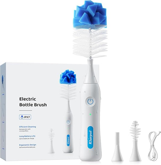 Electric Bottle Brush Cleaner, IPX7 Waterproof Baby Bottle Cleaner Kit with Replaceable Nipple Brush & Extender Rod, 2 Speed Modes, 360° Auto Cleaning, 2000mAh Battery, Rechargeable, Blue