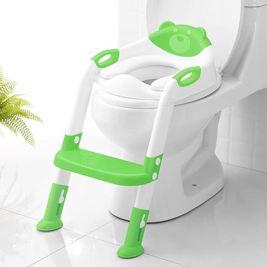 Potty Training Seat with Step Stool Ladder, SKYROKU Potty Training Toilet for Kids Boys Girls Toddlers - Comfortable Safe Potty Seat with Anti-Slip Pads Ladder Green