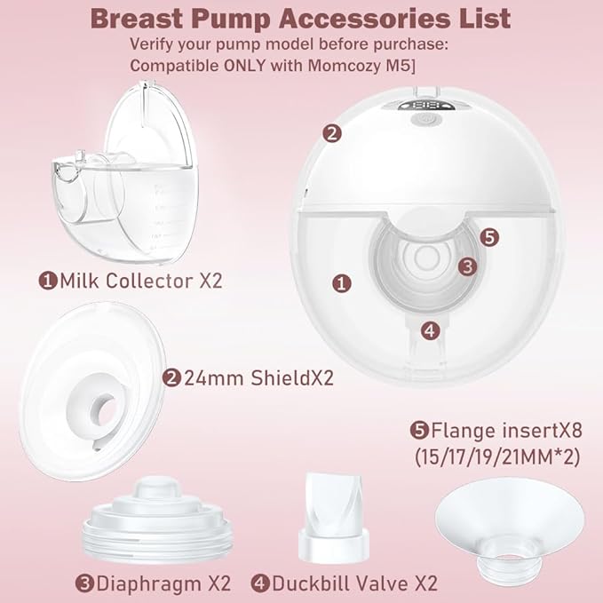 Two Full Breast Pump Parts only Compatible with Momcozy M5 Breast Pump, Not for Others,Including 8pcs Flange Inserts 15/17/19/21mm*2, 24mm Flange*2, Collector*2, Duckbill Valve*2,Diaphragm*2