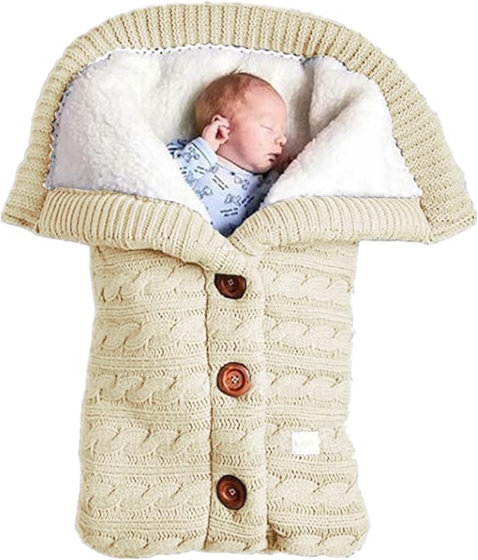 insular Warm Baby Sleeping Bag Envelope Winter Kid Sleepsack Footmuff Stroller Knitted Sleep Sack Newborn Knit Wool Swaddling Blanket (Beige)