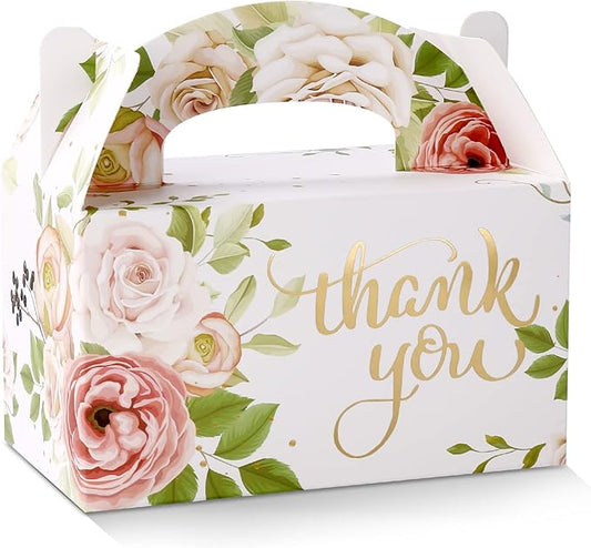 SOSFKIM Thank You Treat Boxes 12 Pack - Floral Party Favor Boxes Bulk Embossed Gold Foil - Goodie Gable Boxes for Baby Shower, Wedding, Birthday 6.3x3.5x3.5 Inch