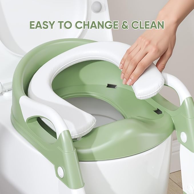 3-in-1 Potty Training Seat & Training Toilet & Potty Chair, Height Adjustable Toddler Toilet Seat for Kids Boys Girls, Foldable Potty Training Toilet with Splash Guard and Anti-Slip Steps (Green)