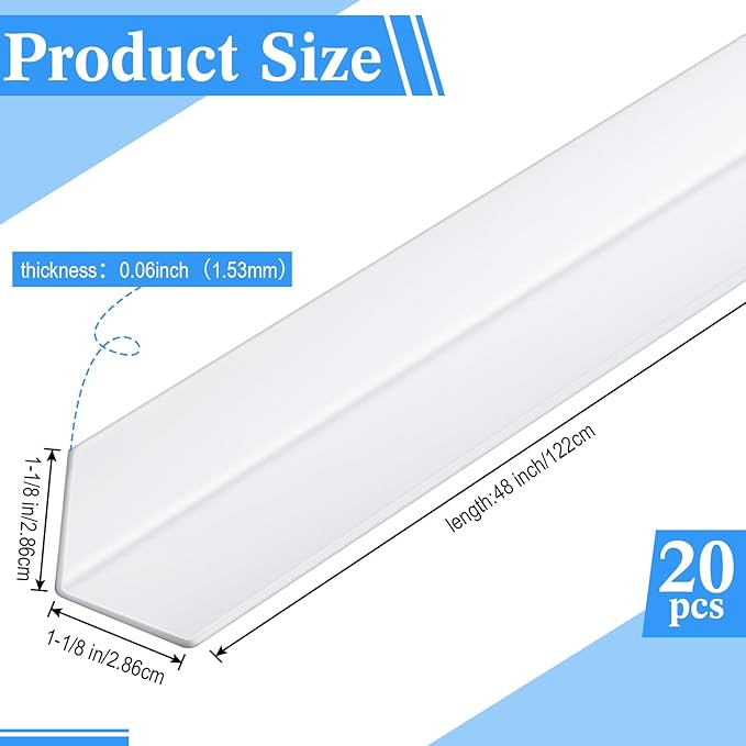 Sasylvia 20 Pcs Wall Corner Protector Guards, Vinyl 1-1/8 x 48 Inches Corner Trim Molding, Avoid Scratching Scuffs, Ease Install and Cleaning for Door Countertop Furniture Cabinet Protection, White