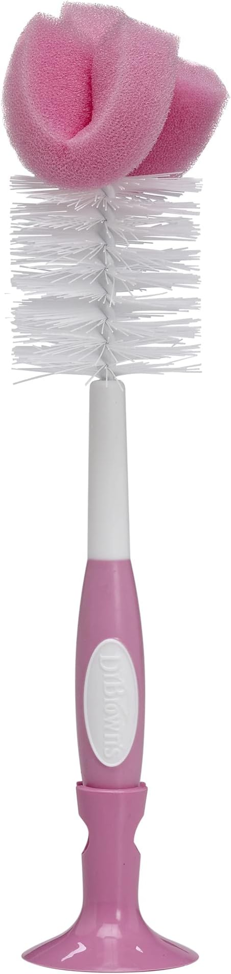 Dr. Brown's Reusable Sponge Baby Bottle Cleaning Brush with Suction Cup Stand, Scrubber and Nipple Cleaner, Pink 1-Pack