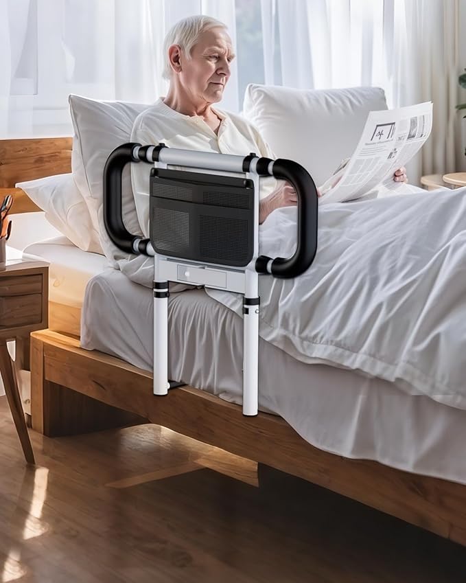 Bed Rails for Elderly Adults Safety: Elderly Assistance Products with Adjustable Double Grips, Storage Pocket, Motion Sensor Light, Items for Elderly Bed Rail, Can Withstand 300lb(White)