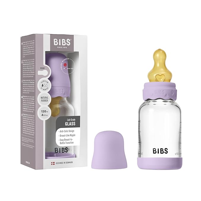 BIBS Boheme Baby Glass Bottle 4 oz /120 ml. Anti-Colic. Round Natural Rubber Latex Nipple. Supports Natural Breastfeeding - Violet Sky