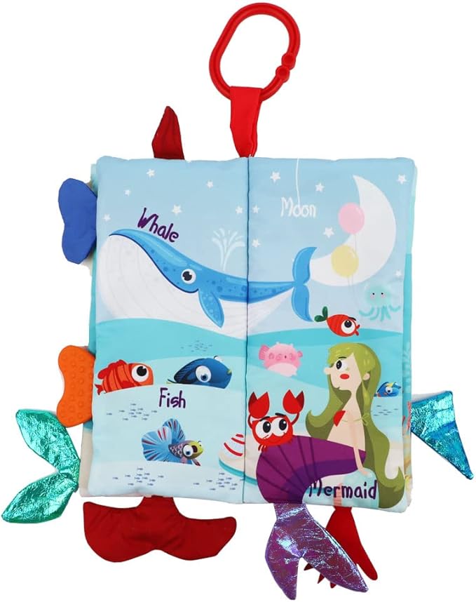 Fish Baby Books Toys 0-6-12-18 Months,Touch Feel Crinkle Cloth Books for Babies Infant Newborn 0-3 Months Baby Girl Boy Shower Gifts Toys,Soft Teething Stroller Toy,Easter Gift Items-Mermaid