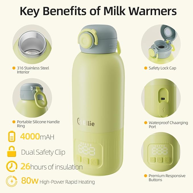 Ellie Portable Bottle Warmer for Travel, w/Reliable Warming, Extended Battery Life, Fast Heating of Breast Milk & Formula, 15 oz Large Capacity, Baby Bottle Warmer On The Go for Car & Airplane
