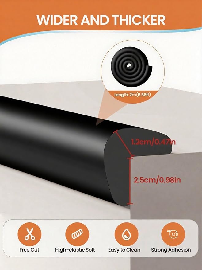 Baby Proof Edge Corner Protector, 6.56FT 0.47''Th L-Shape Furniture Corner & Edge Safety Bumpers with 6 Corners, Pre-Taped, Soft NBR Rubber Foam Desk Edge Cushion Wall Corner Protector(Black)