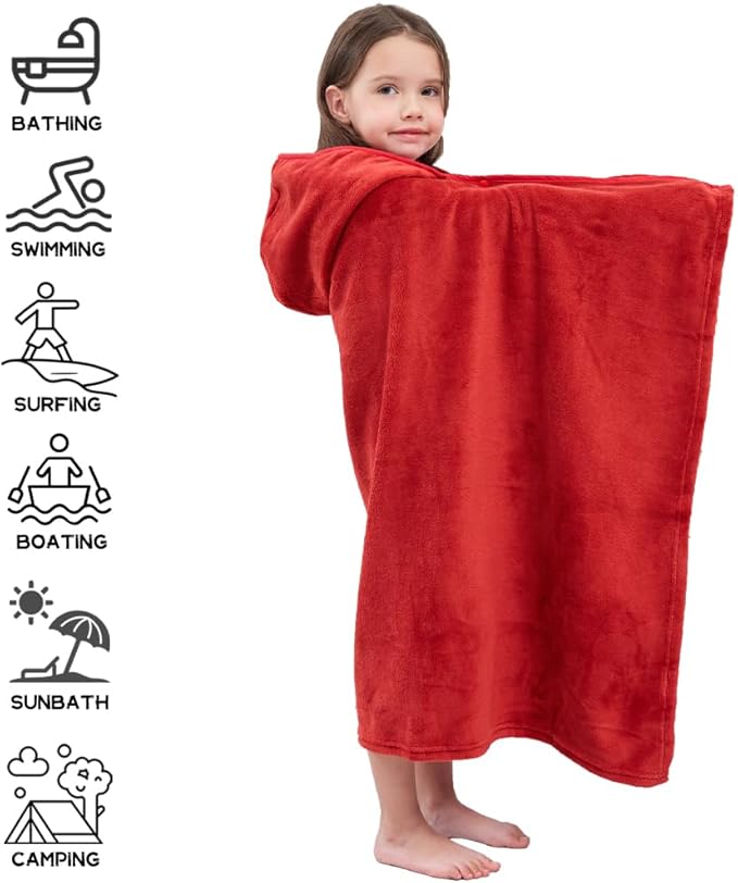Hiturbo Kids Fleece Hooded Bath Towel: Soft Plush Pool Beach Towel Blanket - 50"x30" Toddler Towels Wrap for Boys Girls 3-12 Years (Red)