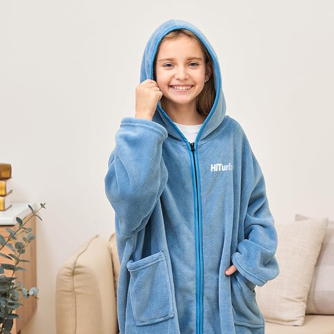 Hiturbo Kids Bath Towel Hoodie: Soft Plush Zipper Surf Poncho - Warm Fleece Changing Towels Swimming Outerwear (Blue)
