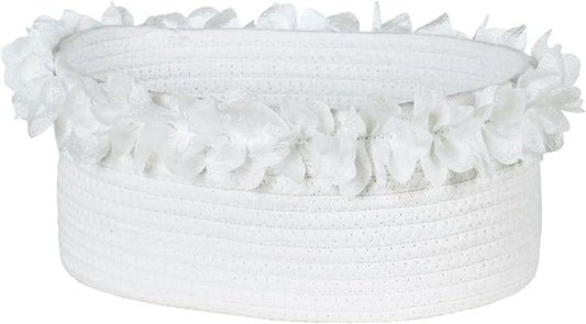 Yimi's Dream Cotton Rope Gift Basket – White Woven Gift Basket with Lace, Decorative Organizer for Baby Shower, Housewarming, Nursery, Toys, Socks, Diapers, Christmas, Holiday Gifts