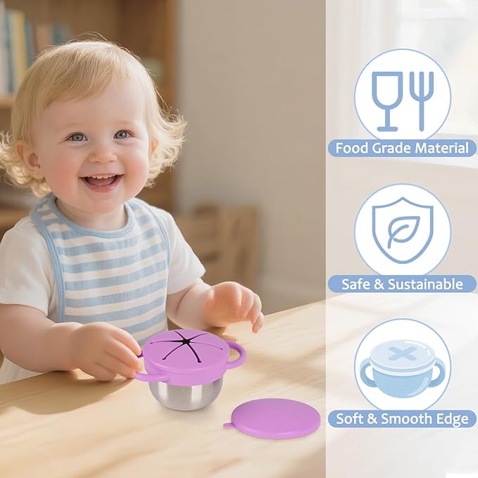 2 Pack 304 Stainless Steel Snack Cups for Toddlers, Toddler Snack Containers with Spill-Proof Silicone Travel Lid & Handle, Dishwasher Safe, Removable Snack Cup for Baby, Toddler, Kids