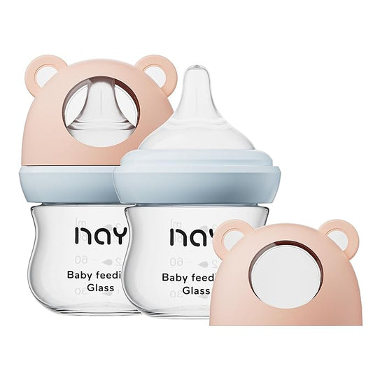 Natural Glass Baby Bottle for Breastfeeding Babies, 3oz Newborn Anti-Colic Baby Bottle with Slow Flow Nipples (SS), Clear, Wide Neck, 2 Pack, 0 Months+