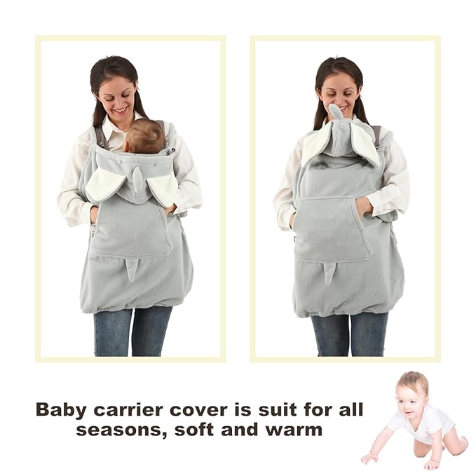 Baby Carrier Cover Stroller Cover -Newborn Hooded Stretchy Cloak Reversible,Cloak Kangaroo Hoodie Baby, Suit for All Seasons-Gray